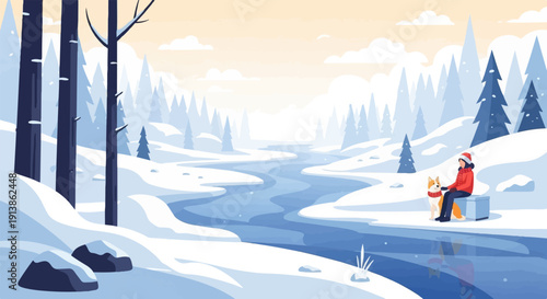 Serene winter scene with a person and dog by a frozen river