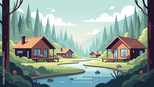Serene woodland cabins nestled by a winding river under a sky of soft clouds
