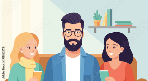 Three diverse people gathered, engaging with devices, in a cozy indoor setting