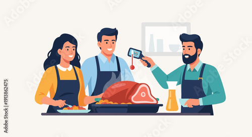 Three people preparing a large roast with a thermometer and side dishes