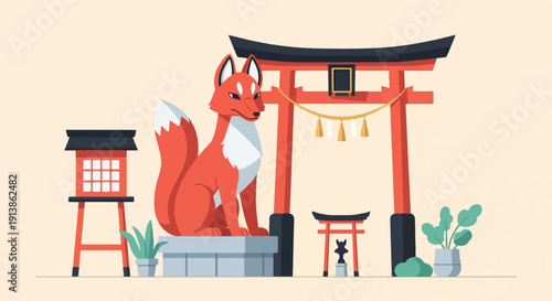 Stylized fox statue sits before a Japanese torii gate with lantern
