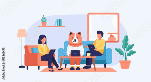 Three diverse individuals, including a dog, working together on laptops