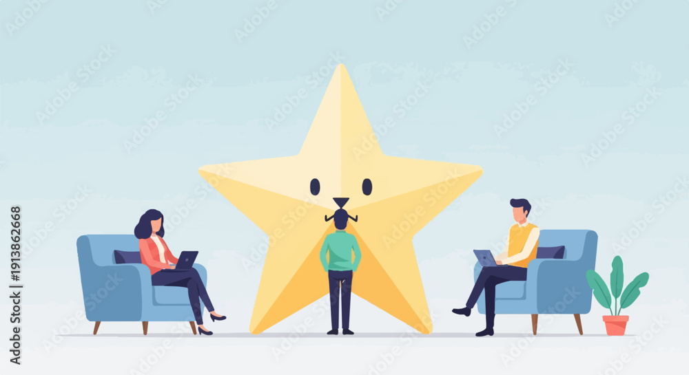 Fototapeta premium Three people engage with a giant, smiling star while using laptops