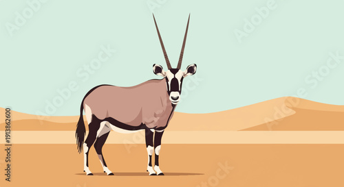 Stylized illustration of a desert oryx with distinct markings and long horns against a simple background