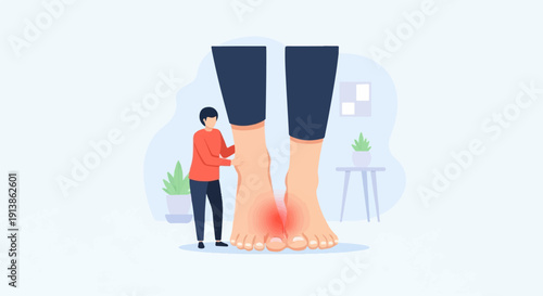 Small person touches large foot with painful red inflammation near toes