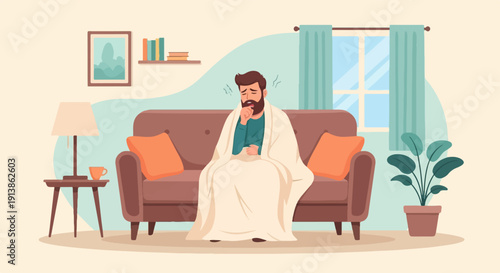 Sick man with beard wrapped in blanket coughing on couch