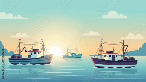 Three fishing boats sail across a tranquil sea at sunrise