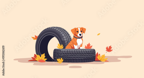 Small dog sits inside stacked tires surrounded by autumn leaves