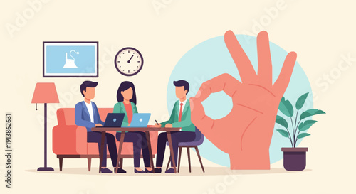 Three people collaborating on laptops with a large OK hand gesture