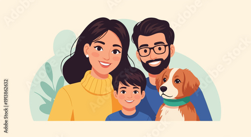 Stylized illustration of a happy family with a dog, smiling warmly