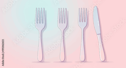 Three forks and a knife arranged on a soft pastel background