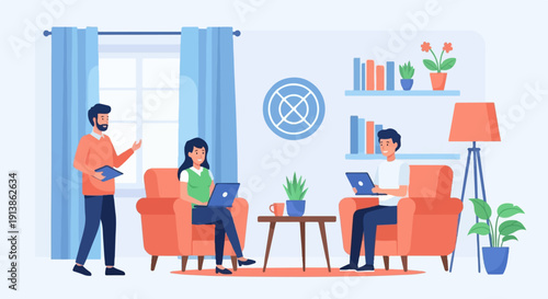 Three people collaborating remotely in a modern living room setting