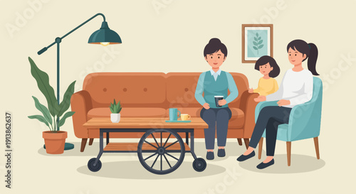 Three generations relax in a cozy living room with plants and refreshments