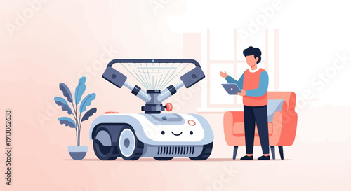 Smart robotic device spraying water, controlled by a person with a tablet