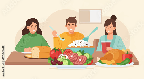 Three friends enjoying a delicious meal together, with roast chicken and salad