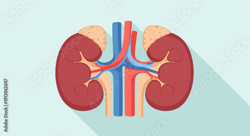 Stylized illustration of a human kidney cross-section showing major vessels