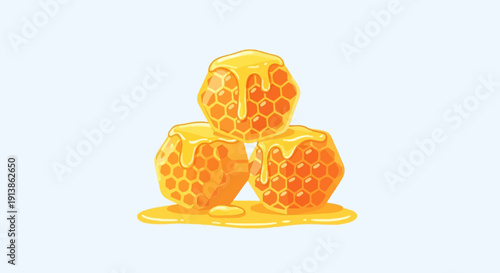 Three golden honeycomb chunks dripping with sweet, viscous honey
