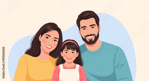 Smiling family of three, parents and daughter, happy and united