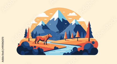 Stylized illustration of a lone wolf by a winding river near snowy mountains