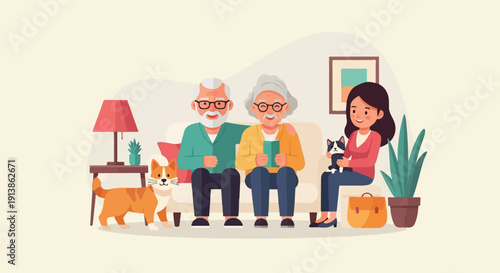 Smiling diverse family relaxing together with pets in a cozy living room