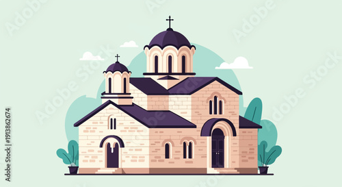 Stylized illustration of a stone building with domes, crosses, and plants