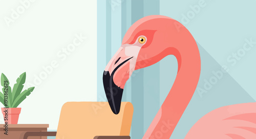 Stylized illustration of a pink flamingo head and neck near a chair and plant