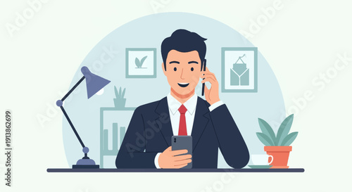 Smiling man in suit on phone, holding smartphone, desk with lamp & plant