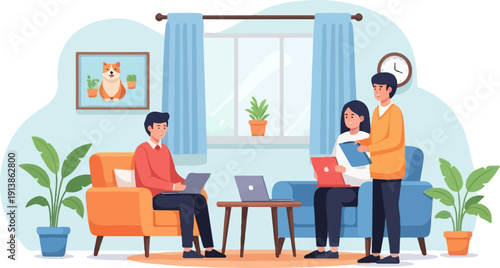 Three people in a cozy living room, laptops, plants, and artwork