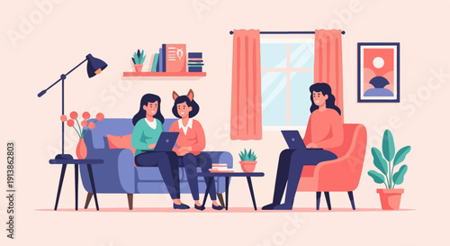Three people in a cozy living room using laptops, one with cat ears