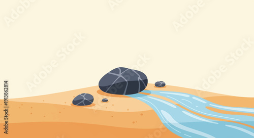 Smooth pebbles lie near a flowing stream on a sandy desert landscape