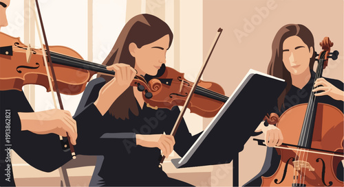 Three musicians playing string instruments in a simple, flat art style