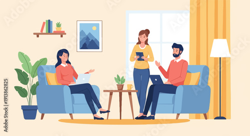 Three people in a cozy living room work on laptops and tablet