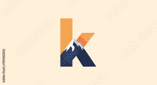 Stylized letter K with mountain landscape and sunrise
