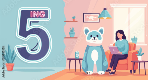 Stylized large numeral 5 with "ING" text and a cozy room scene