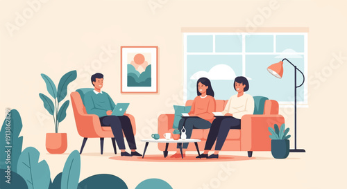 Three people in a cozy living room with plants and a large window