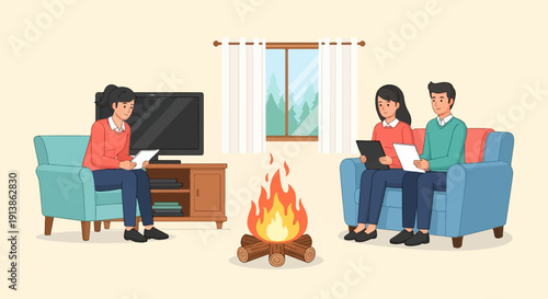 Three people relax indoors by a fireplace and window, some using tablets