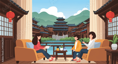 Three people relax on sofas, enjoying a scenic view of traditional architecture