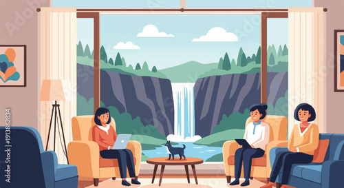Three people relax indoors with a scenic waterfall view and a dog