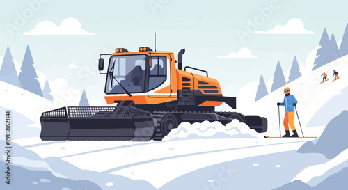 Snow groomer prepares ski slope with skiers descending on snowy mountain landscape