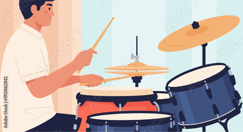 Stylized man plays a drum set with sticks, creating rhythmic sounds