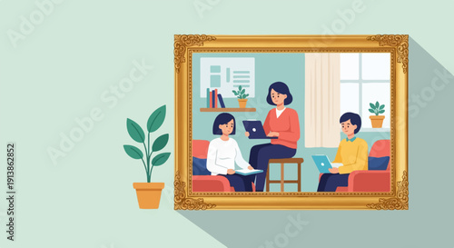 Three people in a gilded frame, two with laptops, one teaching