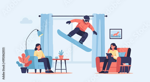 Snowboarder jumps through window into cozy room with people relaxing