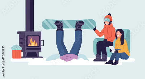 Snowboarder upside down in snow next to fireplace and couple