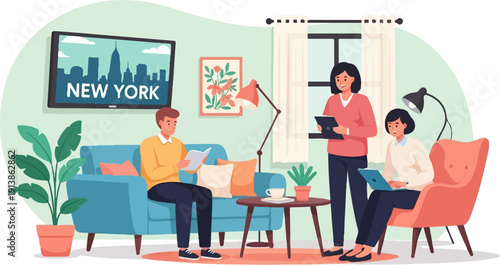 Three people in a living room, one reading, one working, one holding a tablet