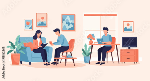 Three people relaxing and working in a modern living room setting