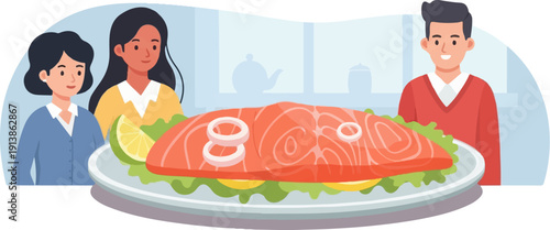 Three people admiring a large salmon fillet with lemon and onion rings