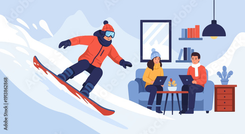 Snowboarder descends slope while others work indoors