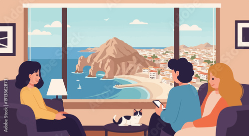 Three people and a cat relax indoors, gazing at a coastal town and sea