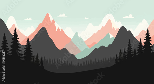 Stylized mountain range with pine trees and pale sky