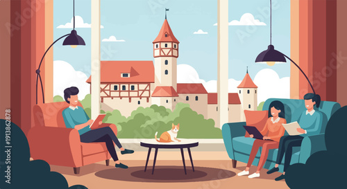 Three people and a cat relax indoors with a castle view